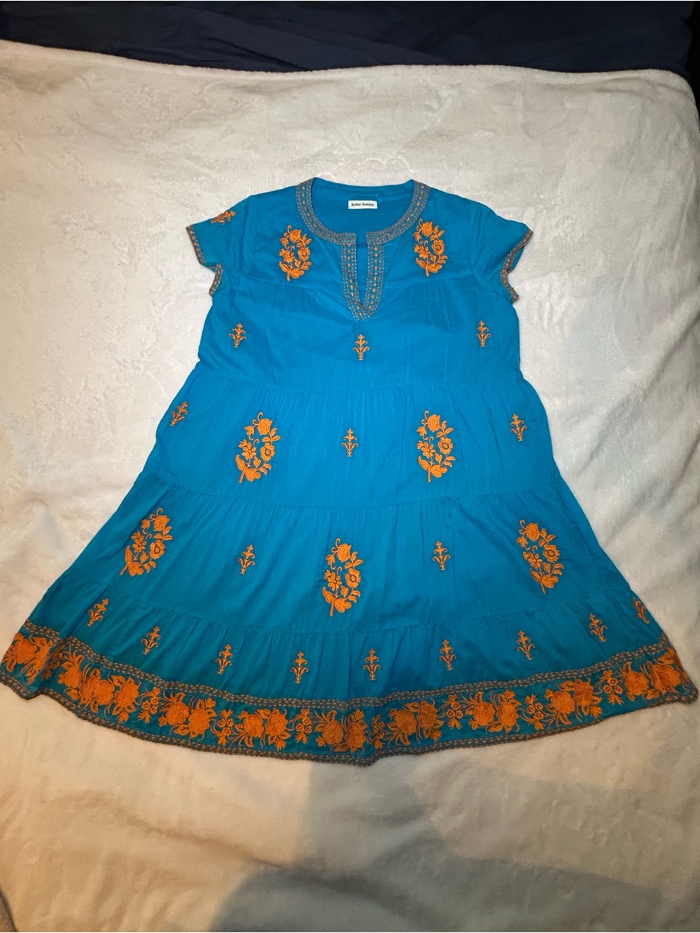 Roller Rabbit Bright Blue Cotton Tiered Dress with Orange Embroidery Size Large - Picture 4 of 13
